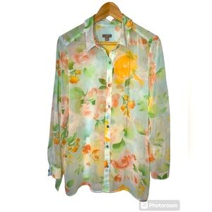 J Jill | Sheer Floral Watercolor Button down Blouse, Long Sleeve, Women Medium
